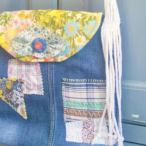 Handmade Denim Purse Macrame Strap Vintage Fabrics - Picture 1 of 10